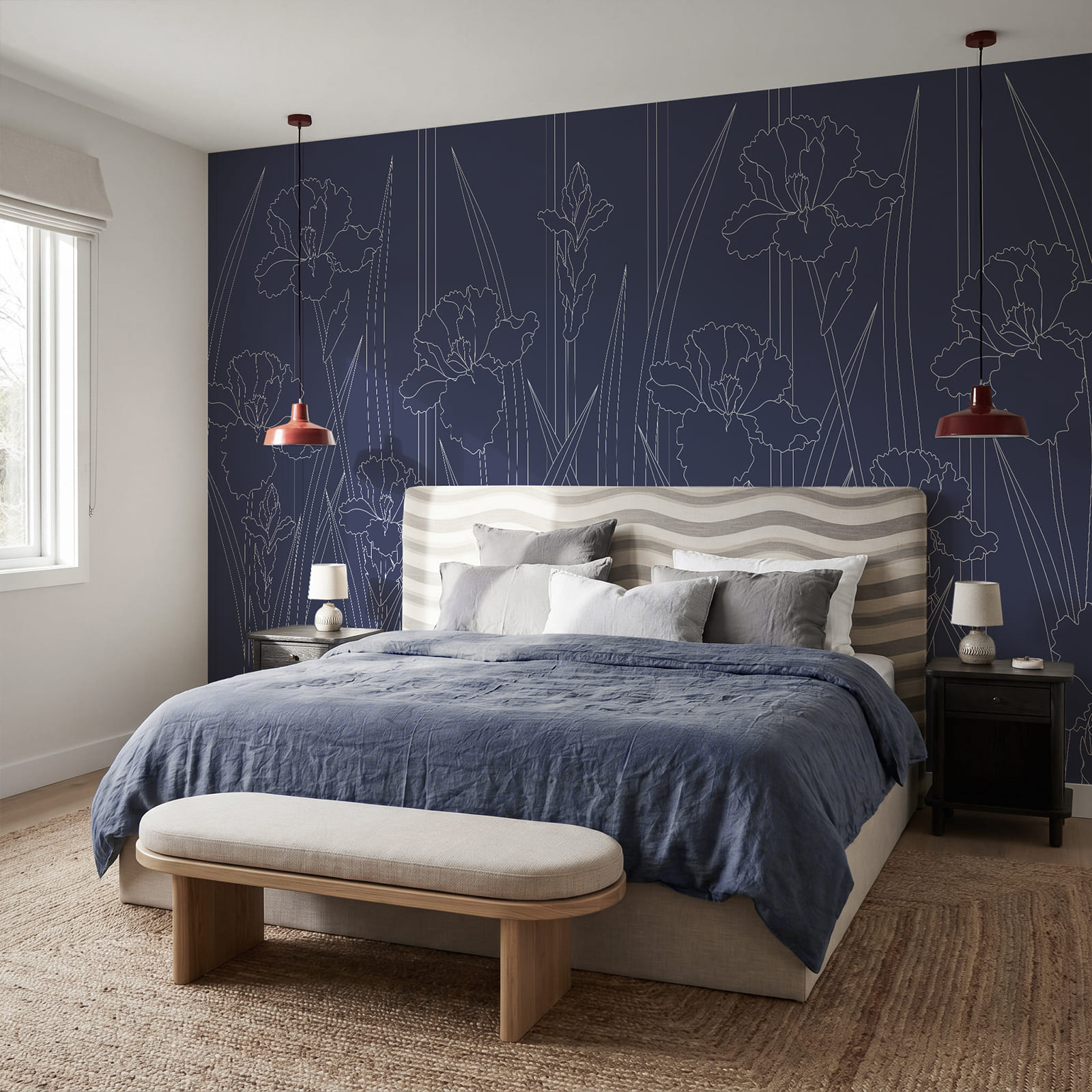 Padrão floral azul e branco