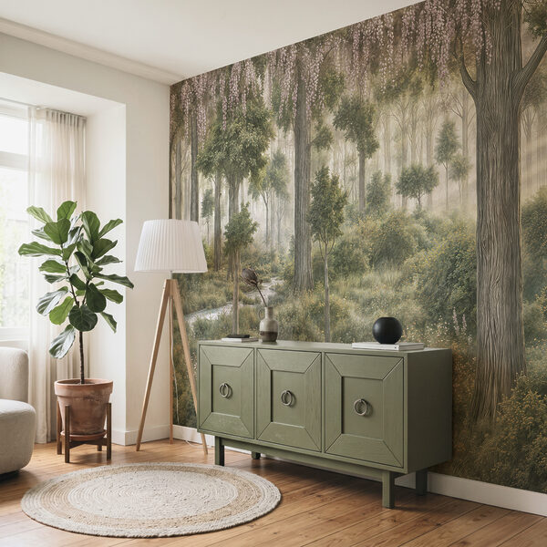 Pintura de uma floresta com árvores e plantas Pintura de uma floresta com árvores e plantas