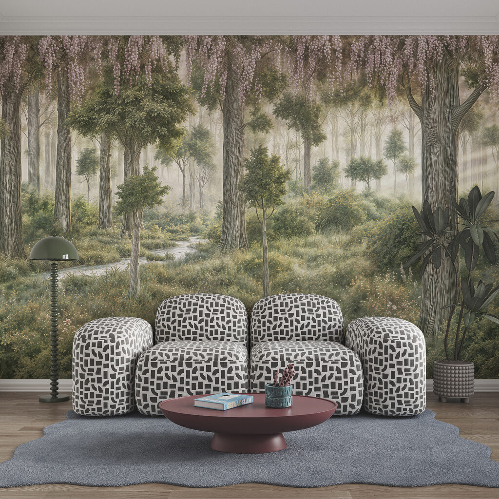 Pintura de uma floresta com árvores e plantas Pintura de uma floresta com árvores e plantas