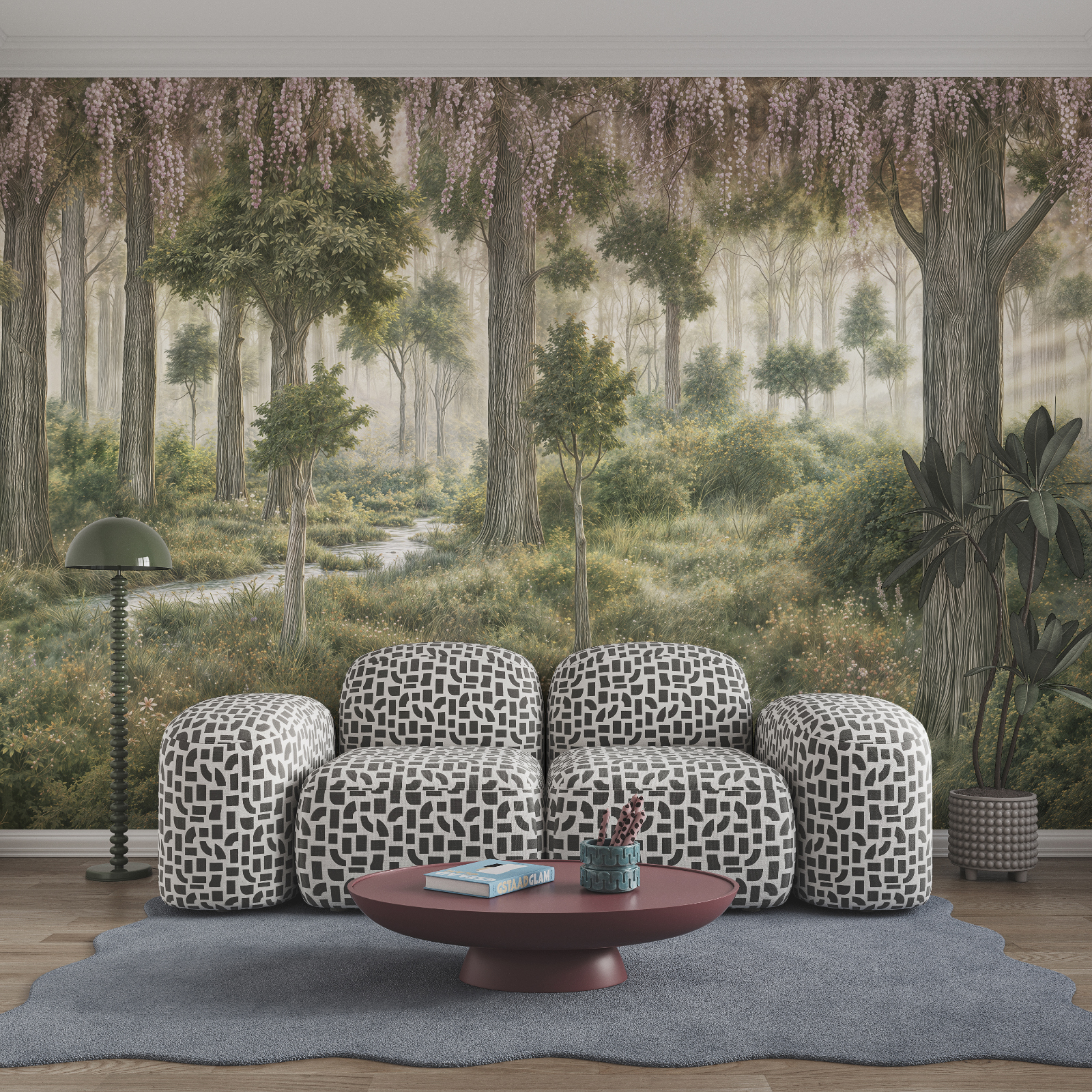Pintura de uma floresta com árvores e plantas Pintura de uma floresta com árvores e plantas