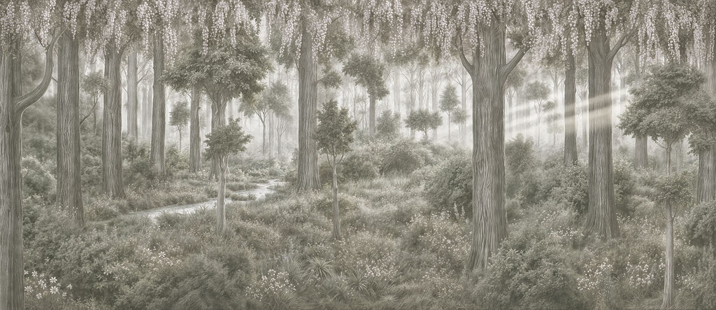 Painting of a forest with trees and plants Painting of a forest with trees and plants