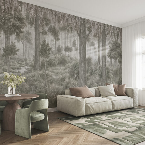 Pintura de uma floresta com árvores e plantas Pintura de uma floresta com árvores e plantas