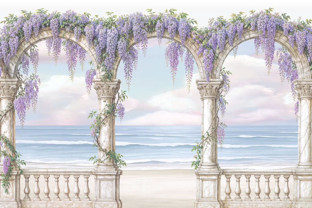 Painting of a archway with purple flowers on it Painting of a archway with purple flowers on it