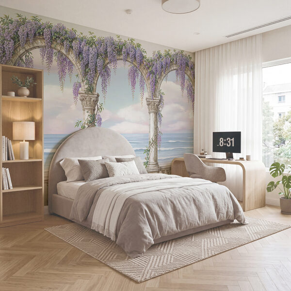 Pintura de um arco decorado com flores roxas Pintura de um arco decorado com flores roxas