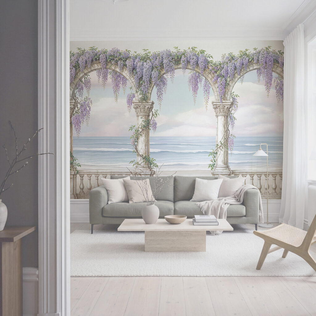 Pintura de um arco decorado com flores roxas Pintura de um arco decorado com flores roxas
