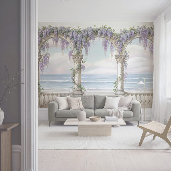 Pintura de um arco decorado com flores roxas Pintura de um arco decorado com flores roxas