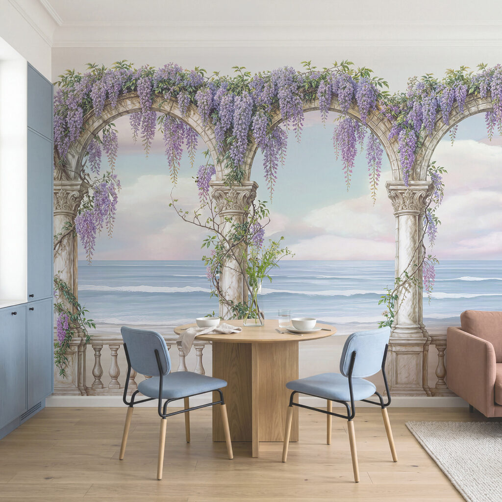 Pintura de um arco decorado com flores roxas Pintura de um arco decorado com flores roxas
