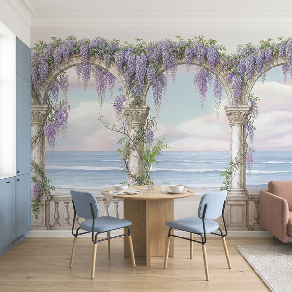 Pintura de um arco decorado com flores roxas Pintura de um arco decorado com flores roxas