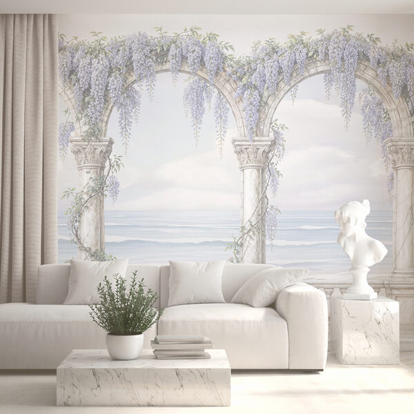 Arco branco com flores roxas Arco branco com flores roxas