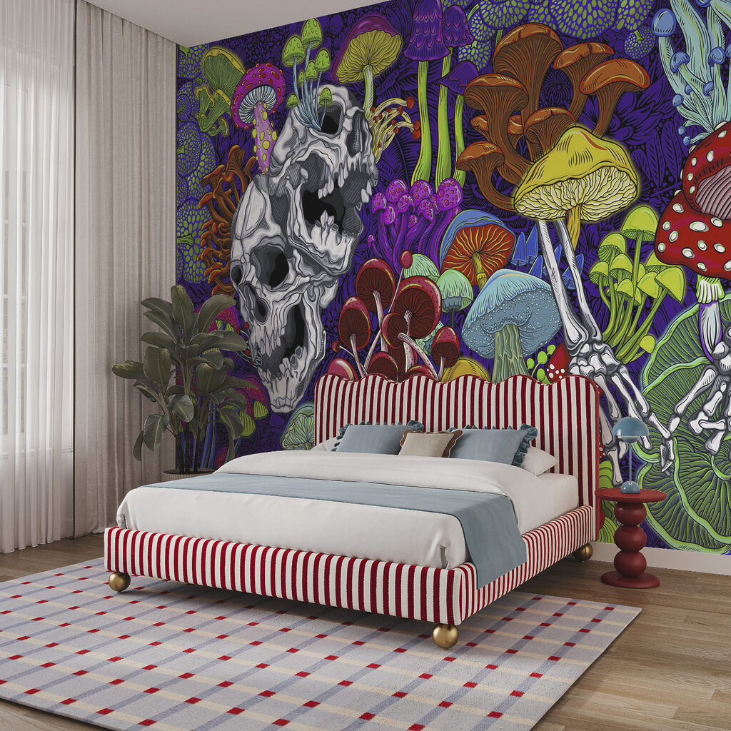 Arte colorida com cogumelos e caveiras Arte colorida com cogumelos e caveiras