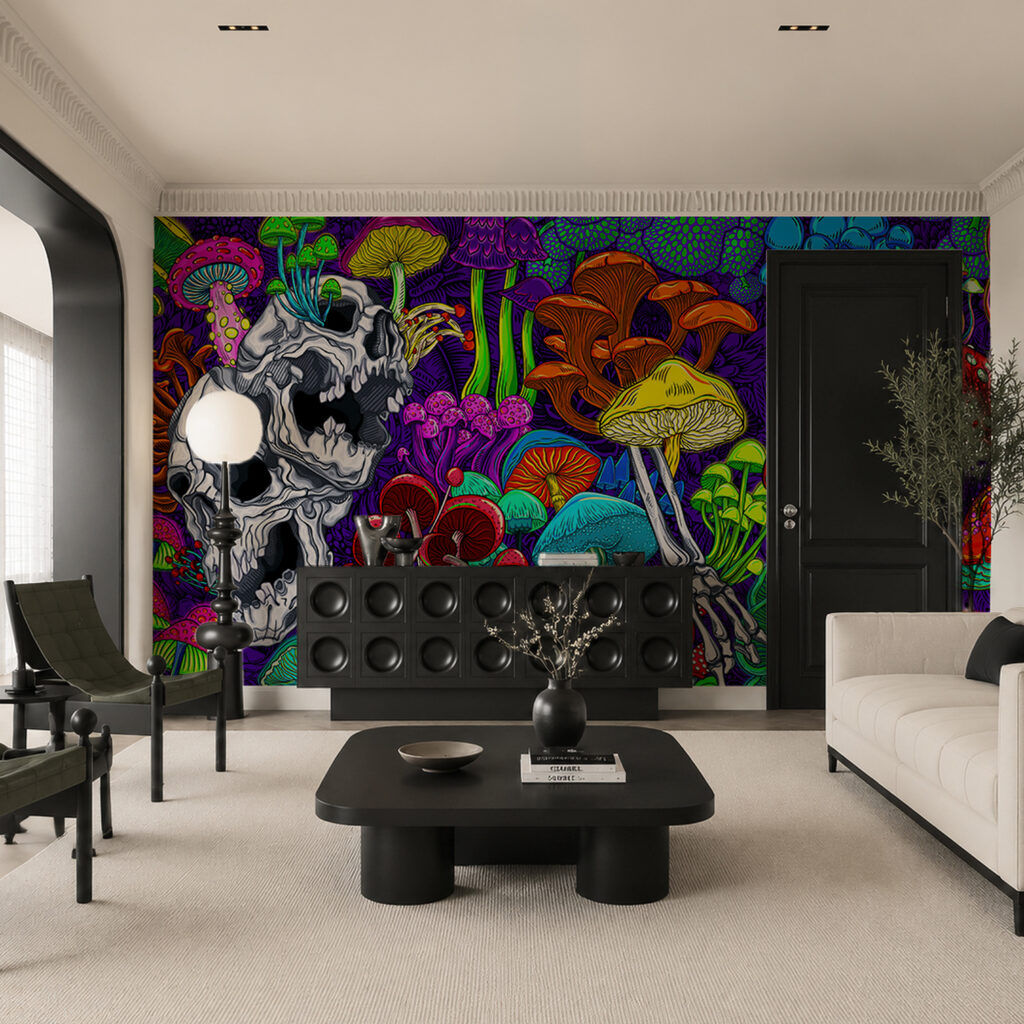 Arte colorida com cogumelos e caveiras Arte colorida com cogumelos e caveiras