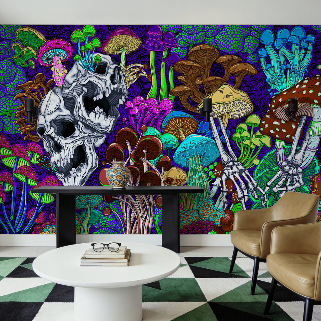 Arte colorida com cogumelos e caveiras Arte colorida com cogumelos e caveiras