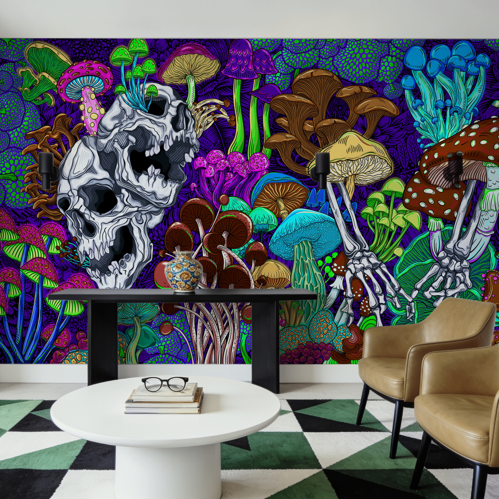 Arte colorida com cogumelos e caveiras Arte colorida com cogumelos e caveiras
