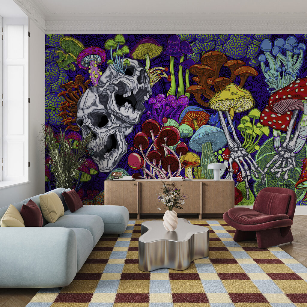 Arte colorida com cogumelos e caveiras Arte colorida com cogumelos e caveiras