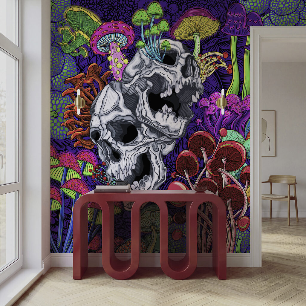 Arte colorida com cogumelos e caveiras Arte colorida com cogumelos e caveiras