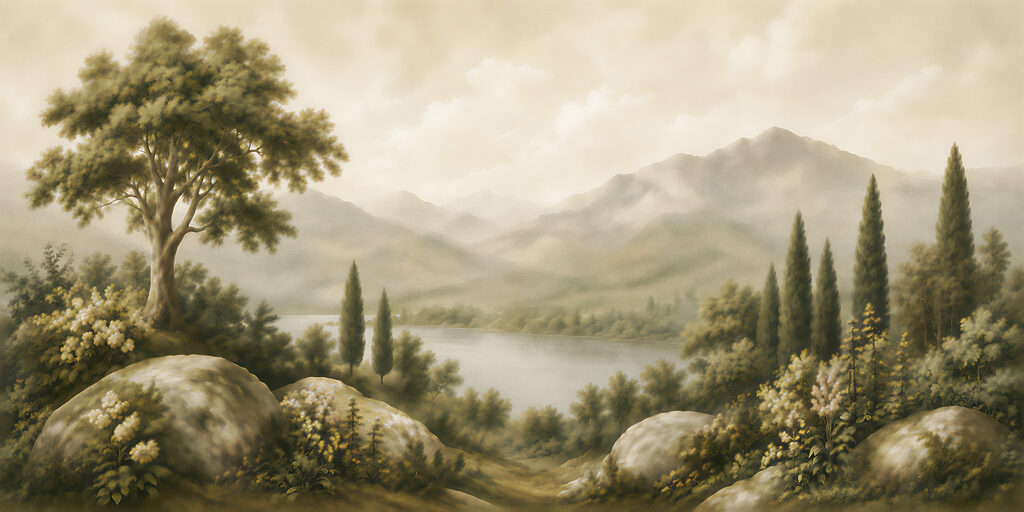 Painting of a lake and mountains Painting of a lake and mountains