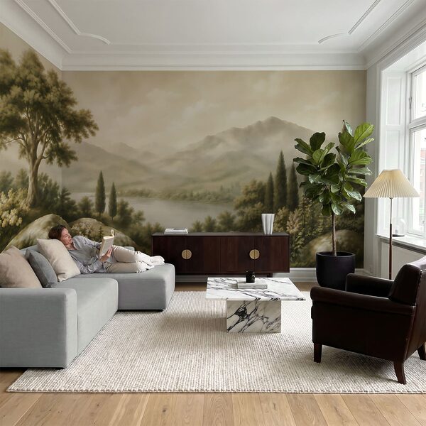 Pintura de um lago e montanhas Pintura de um lago e montanhas