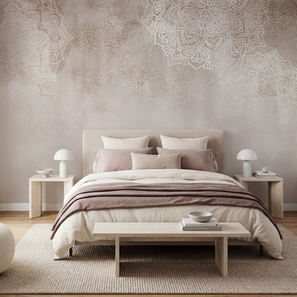 Fundo branco e rosa com mandalas brancas