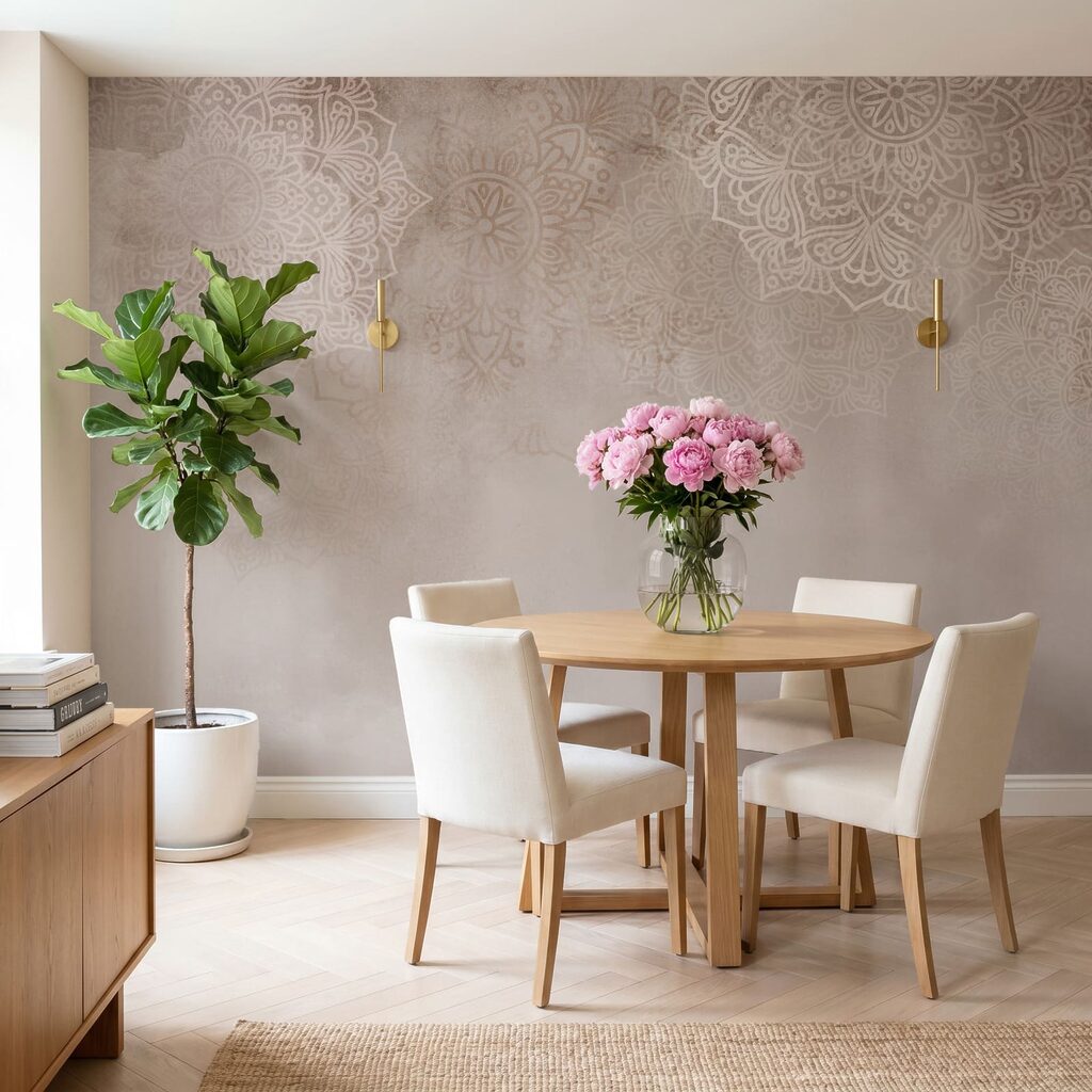Fundo branco e rosa com mandalas brancas