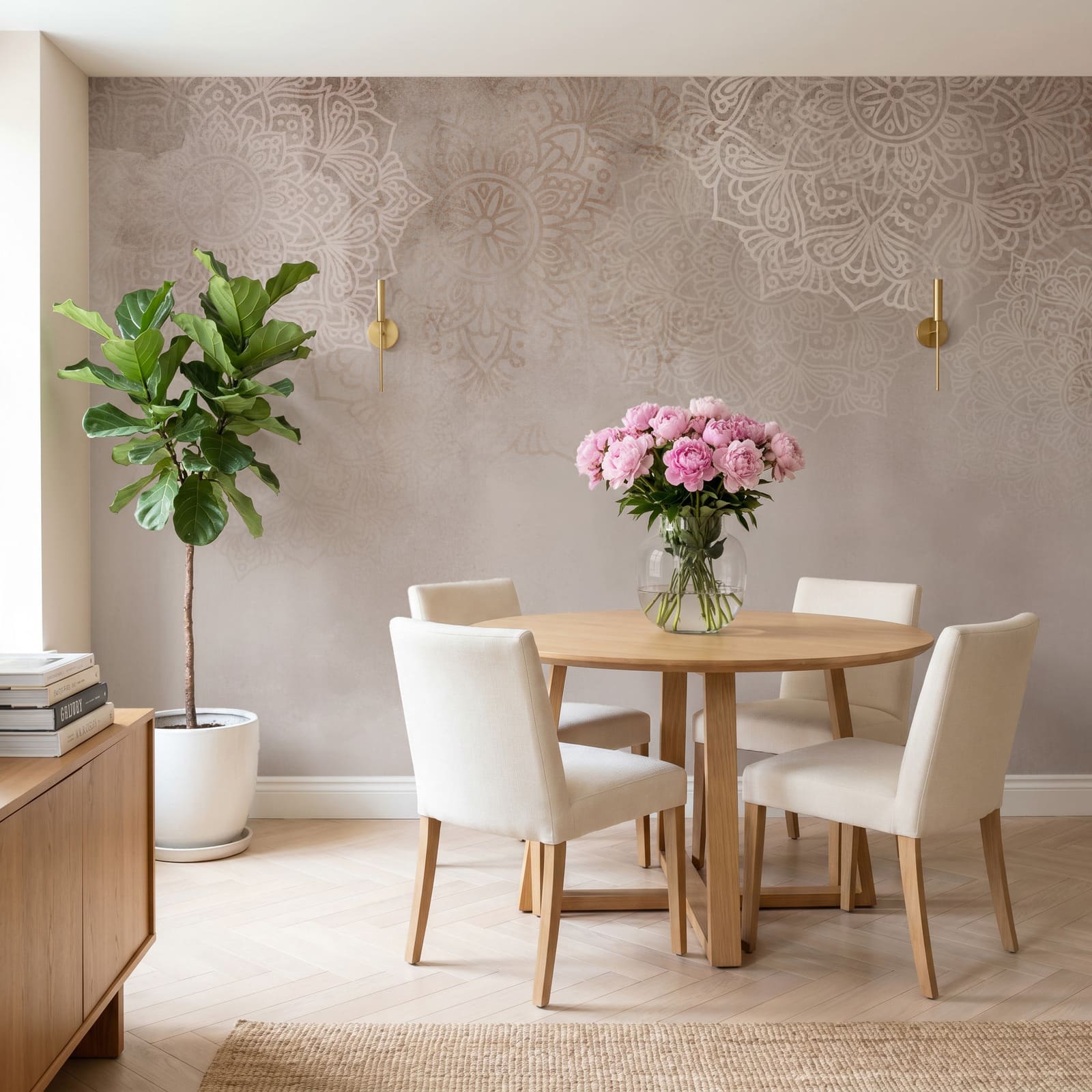 Fundo branco e rosa com mandalas brancas
