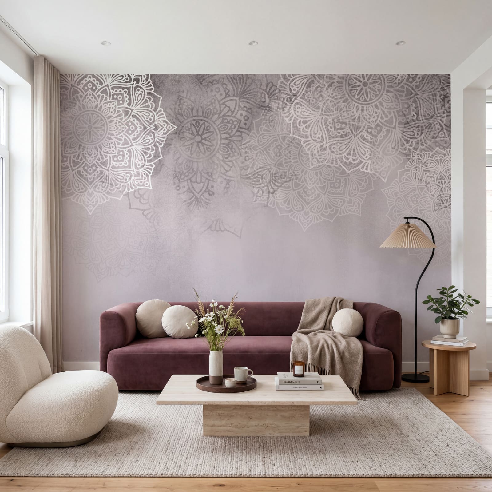 Fundo branco e rosa com mandalas brancas