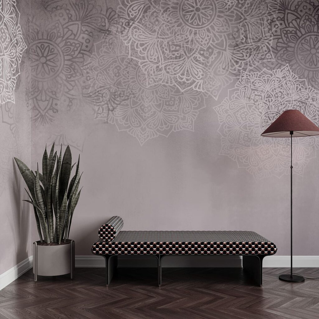 Fundo branco e rosa com mandalas brancas