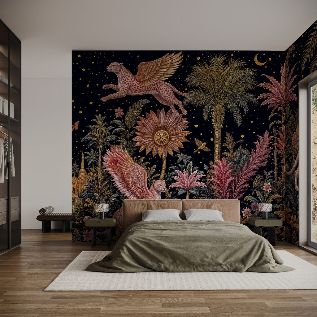 Pintura de um gato e um leopardo com asas e flores Pintura de um gato e um leopardo com asas e flores