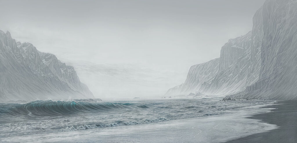 Beach with waves and mountains