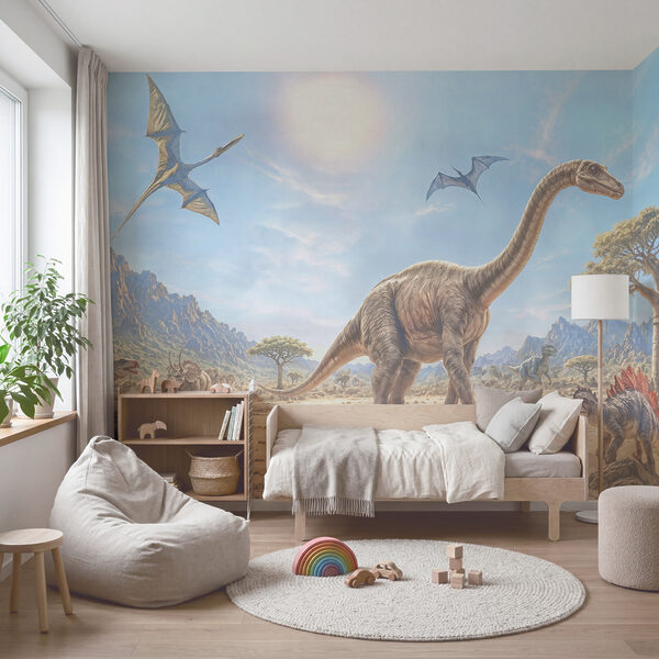 Grupo de dinossauros num deserto