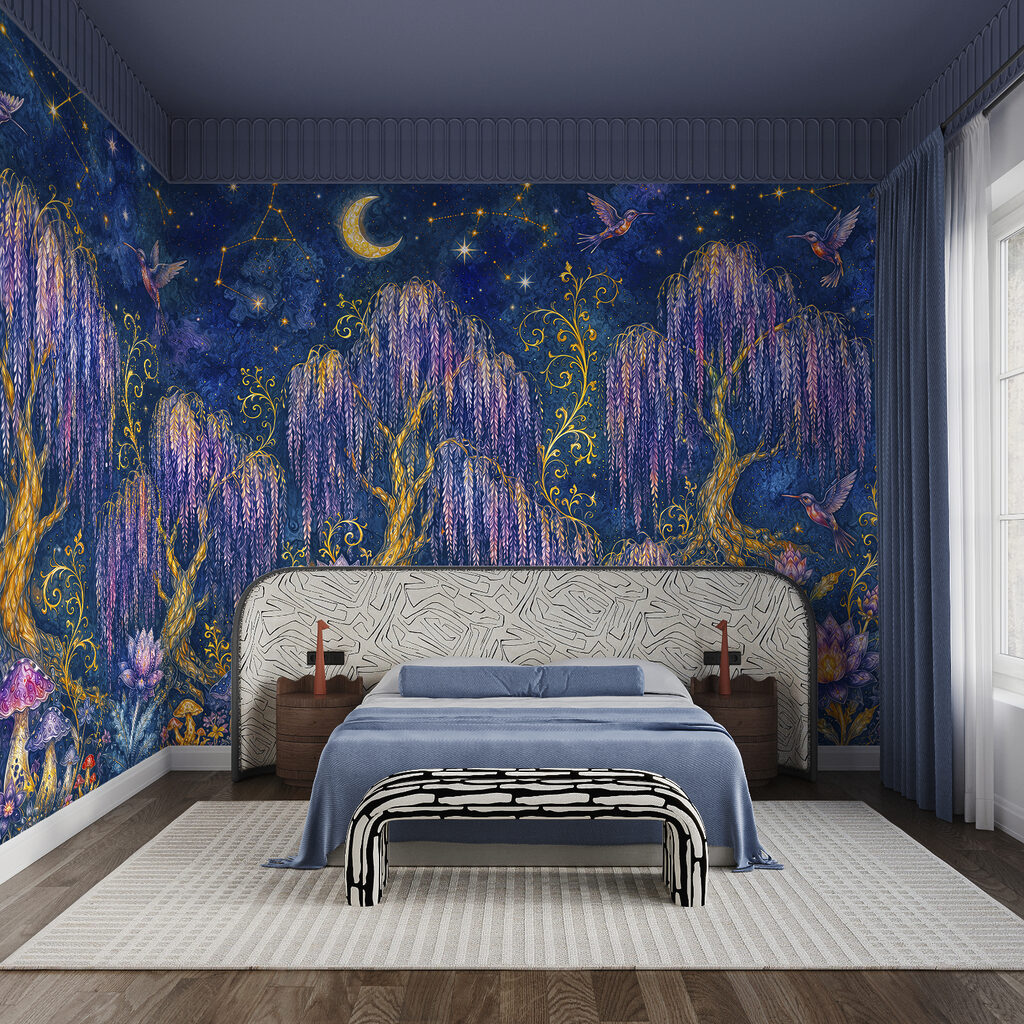 Pintura de uma floresta com pássaros e flores Pintura de uma floresta com pássaros e flores