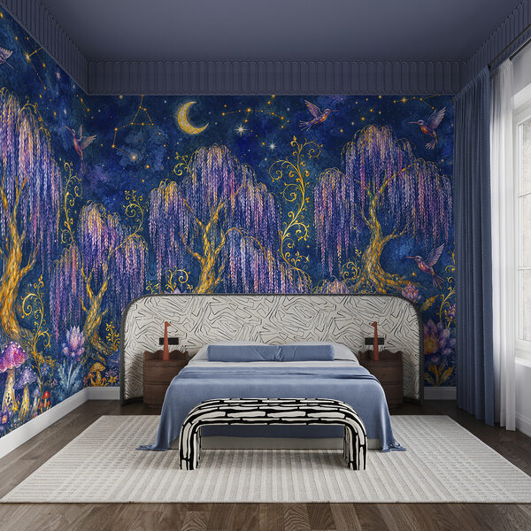 Pintura de uma floresta com pássaros e flores Pintura de uma floresta com pássaros e flores