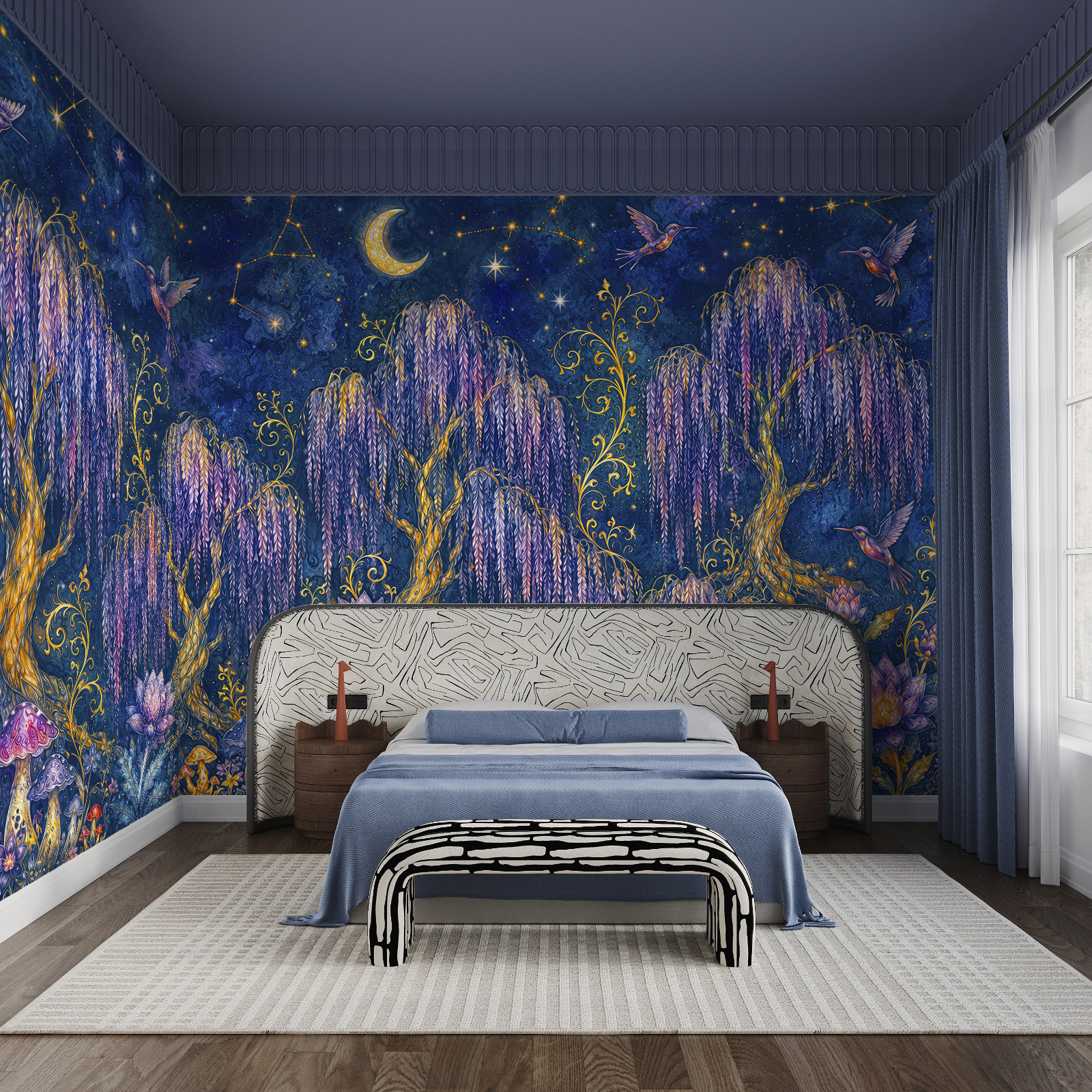 Pintura de uma floresta com pássaros e flores Pintura de uma floresta com pássaros e flores