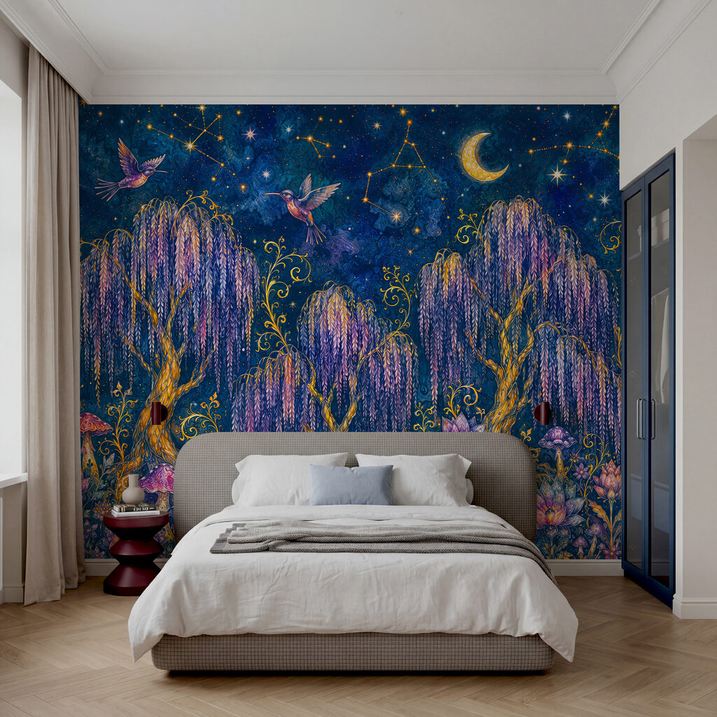 Pintura de uma floresta com pássaros e flores Pintura de uma floresta com pássaros e flores