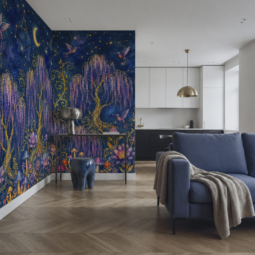 Pintura de uma floresta com pássaros e flores Pintura de uma floresta com pássaros e flores