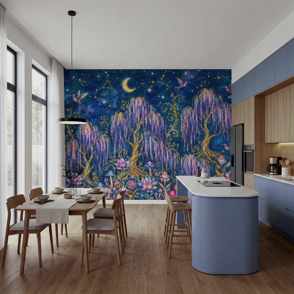 Pintura de uma floresta com pássaros e flores Pintura de uma floresta com pássaros e flores