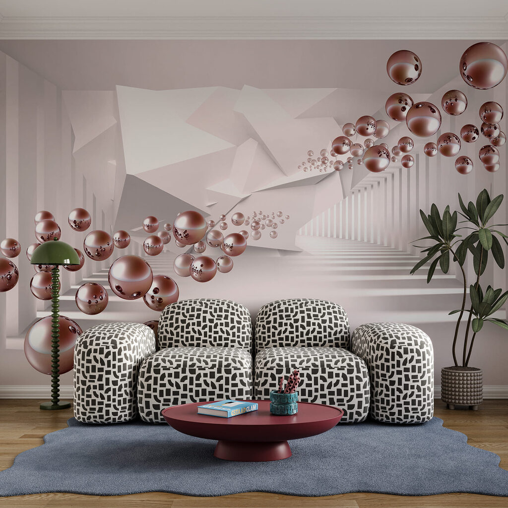 Sala branca com bolas cor-de-rosa
