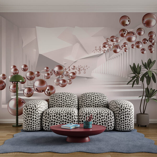 Sala branca com bolas cor-de-rosa