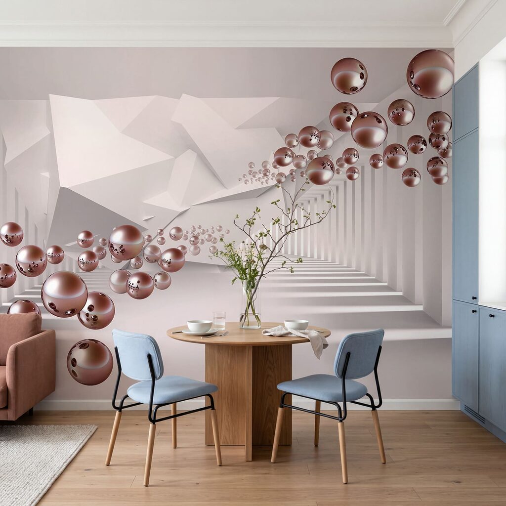 Sala branca com bolas cor-de-rosa