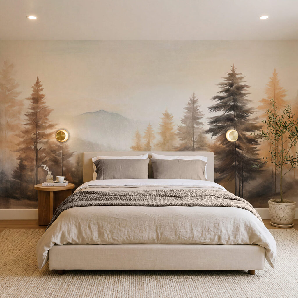 Pintura de árvores numa floresta enevoada Pintura de árvores numa floresta enevoada