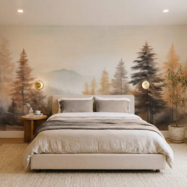 Pintura de árvores numa floresta enevoada Pintura de árvores numa floresta enevoada
