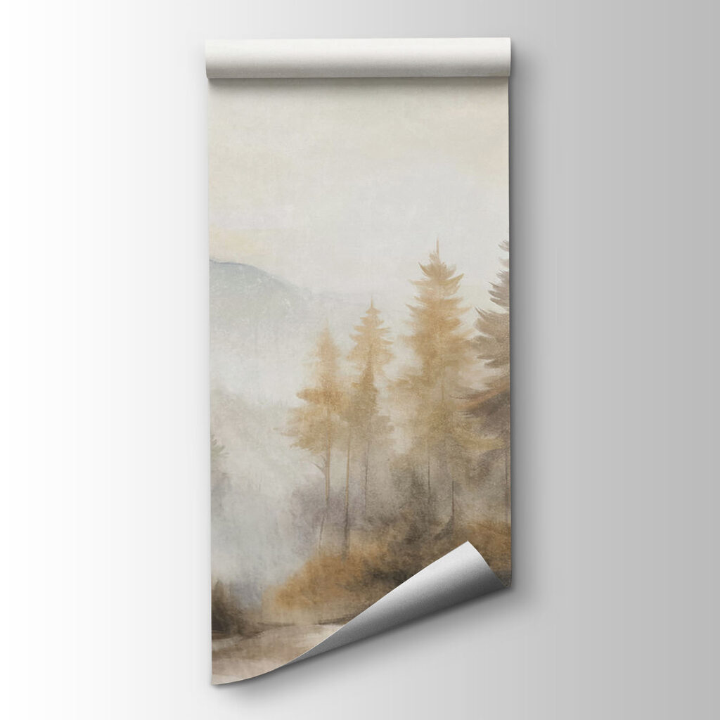 Painting of trees in a foggy forest Painting of trees in a foggy forest