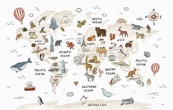 Map of the world with animals Map of the world with animals