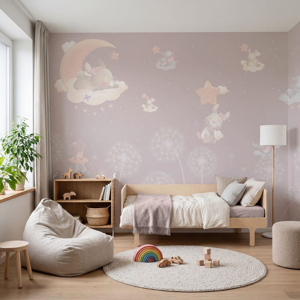 Papel de parede com coelhos e dentes-de-leão