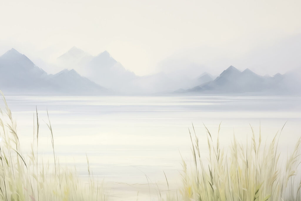 Foggy landscape with mountains and water