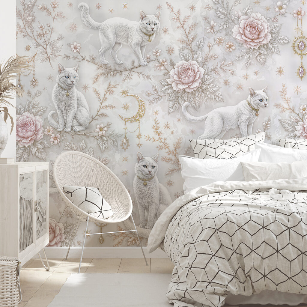 Papel de parede com gatos brancos e flores Papel de parede com gatos brancos e flores