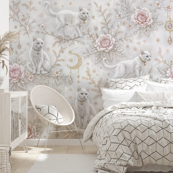 Papel de parede com gatos brancos e flores Papel de parede com gatos brancos e flores