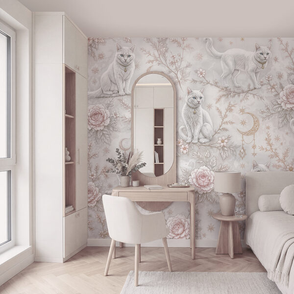 Papel de parede com gatos brancos e flores Papel de parede com gatos brancos e flores
