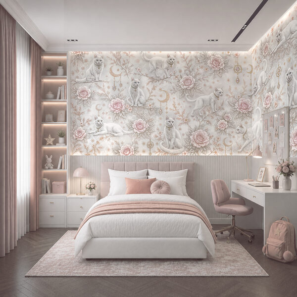 Papel de parede com gatos brancos e flores Papel de parede com gatos brancos e flores