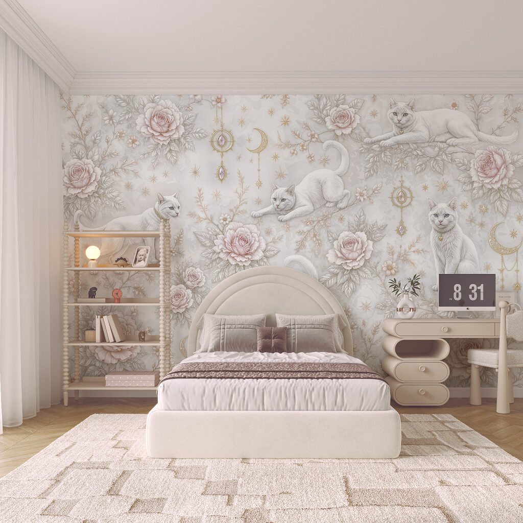 Papel de parede com gatos brancos e flores Papel de parede com gatos brancos e flores