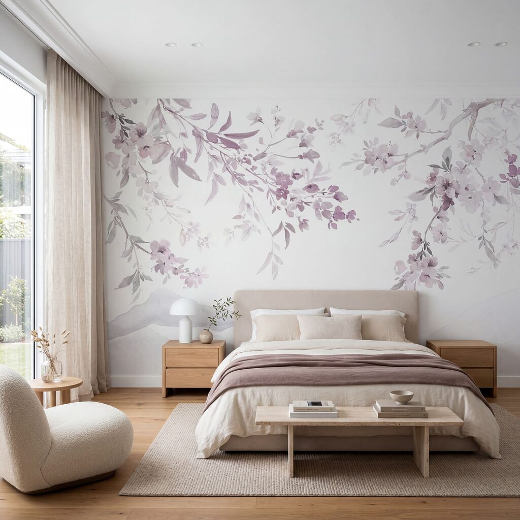 Pintura de um ramo de árvore com flores roxas Pintura de um ramo de árvore com flores roxas